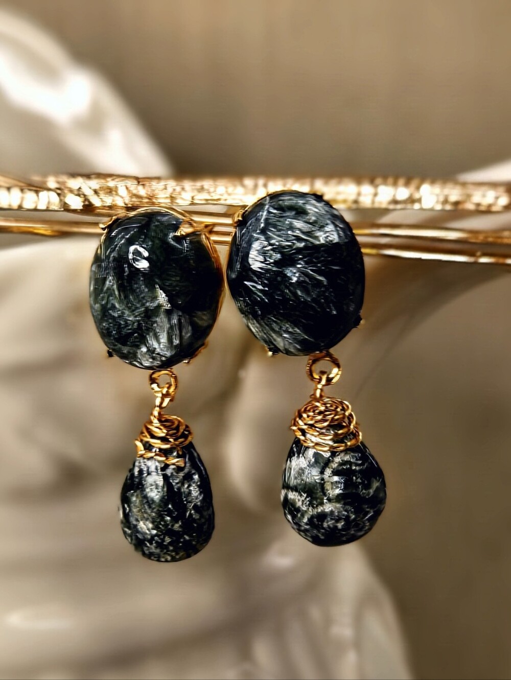 Artisan-Made Natural Siberian Seraphite Two Stones in Gold Plated Earrings.
